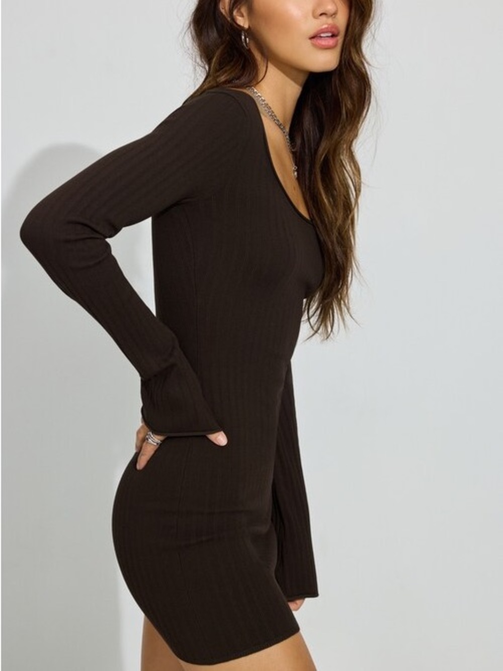 Garage Dark Brown Ribbed Long Sleeve Scoop Neck Mini Dress